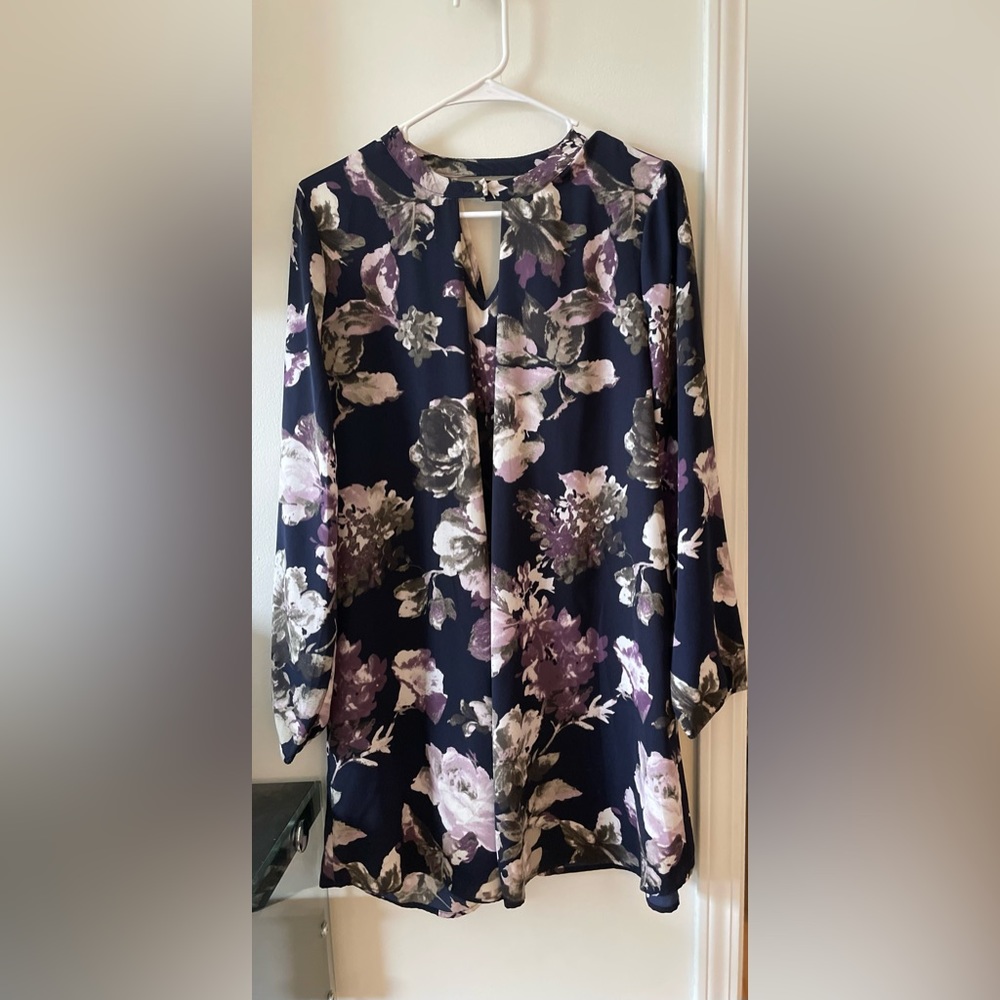 Navy Blue Shift Dress with Floral Print
